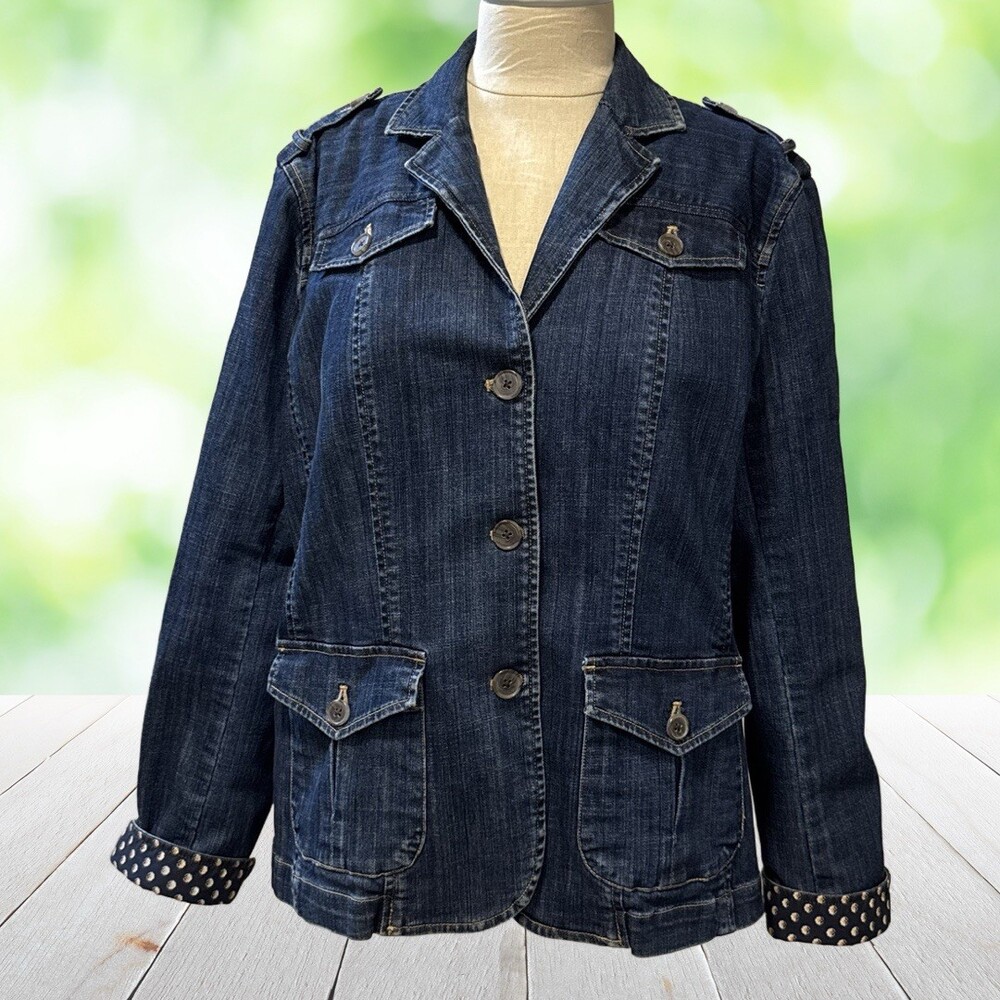 LANDS END Denim Blazer Utility Jacket Notch Collar Floral Cuff Dark Wash Plus 18